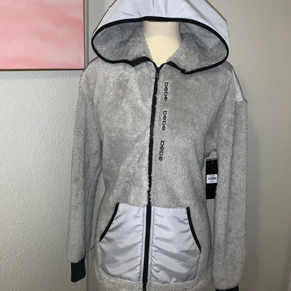 New Bebe furry teady bear jacket Zipper Hoodie NWT